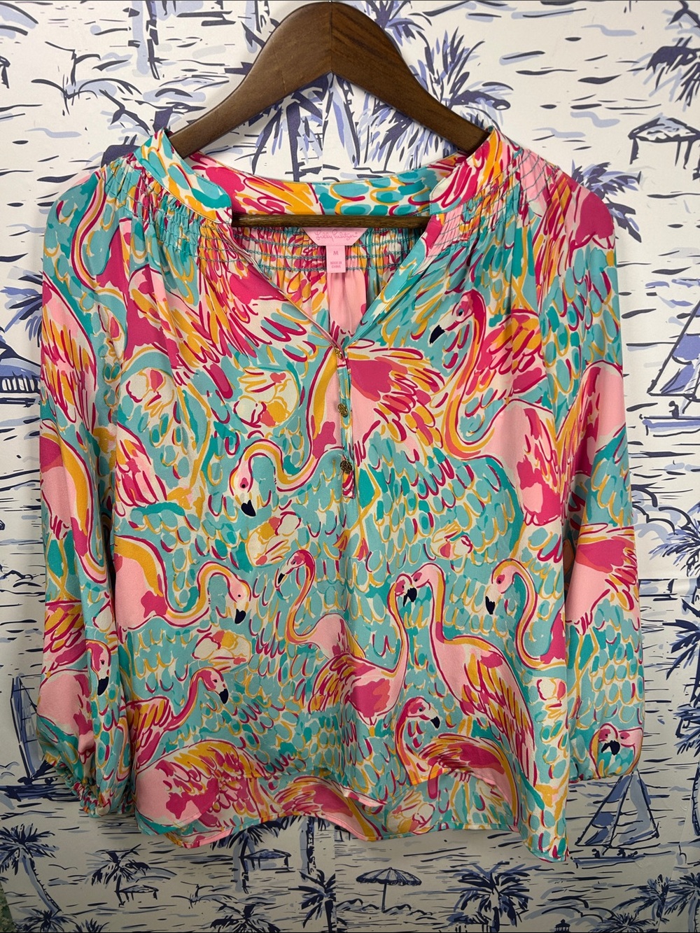 Lilly Pulitzer Flamingo-Print Blouse in Pink, Teal & Yellow